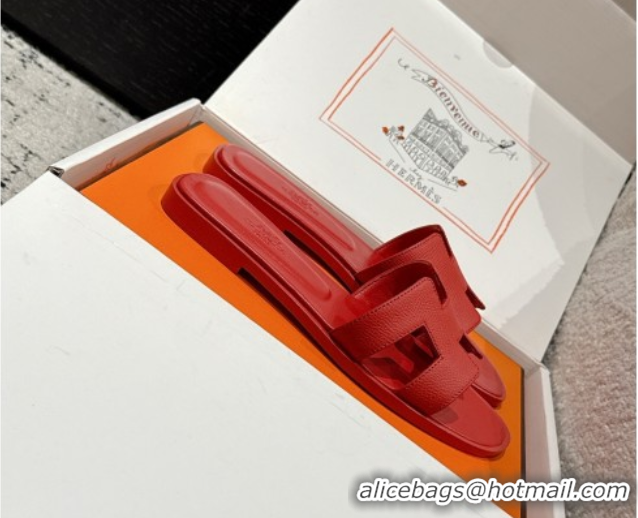 Hot Style Hermes Classic Oran Flat Slides Sandal in Palm-Grained Leather Red 0606144
