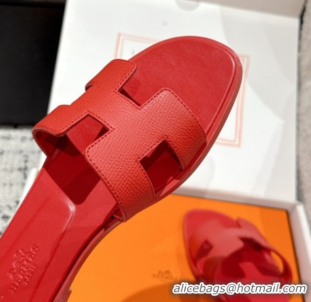 Hot Style Hermes Classic Oran Flat Slides Sandal in Palm-Grained Leather Red 0606144