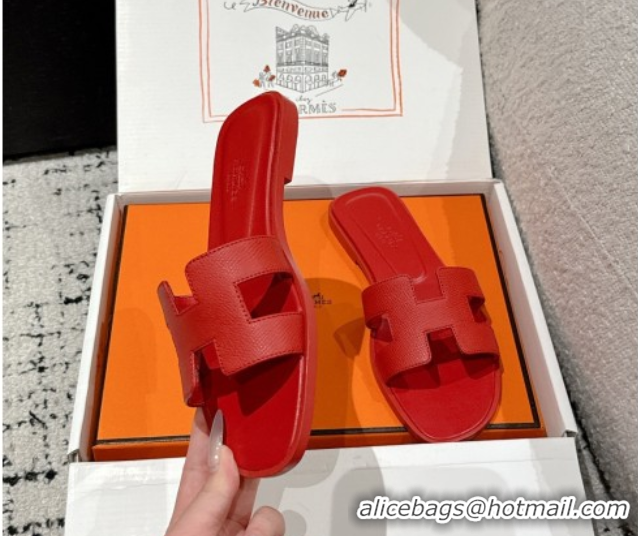 Hot Style Hermes Classic Oran Flat Slides Sandal in Palm-Grained Leather Red 0606144