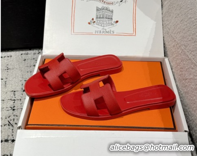 Hot Style Hermes Classic Oran Flat Slides Sandal in Palm-Grained Leather Red 0606144
