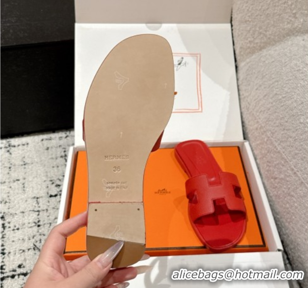 Hot Style Hermes Classic Oran Flat Slides Sandal in Palm-Grained Leather Red 0606144