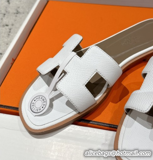 Sophisticated Hermes Classic Oran Flat Slides Sandal in Palm-Grained Leather White 0606152