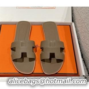 Stylish Hermes Classic Oran Flat Slides Sandal in Palm-Grained Leather Grey 0606154