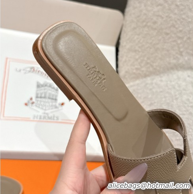 Stylish Hermes Classic Oran Flat Slides Sandal in Palm-Grained Leather Grey 0606154