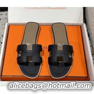 Charming Hermes Classic Oran Flat Slides Sandal in Palm-Grained Leather Black 0606156