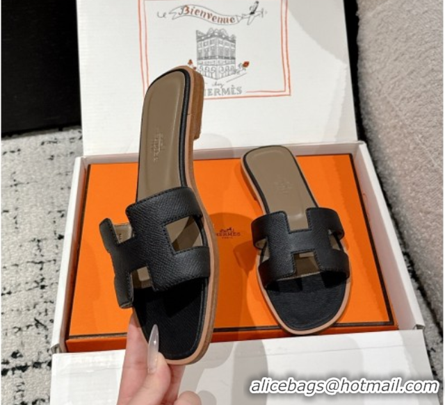 Charming Hermes Classic Oran Flat Slides Sandal in Palm-Grained Leather Black 0606156