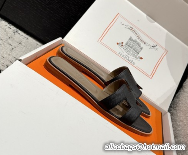 Charming Hermes Classic Oran Flat Slides Sandal in Palm-Grained Leather Black 0606156