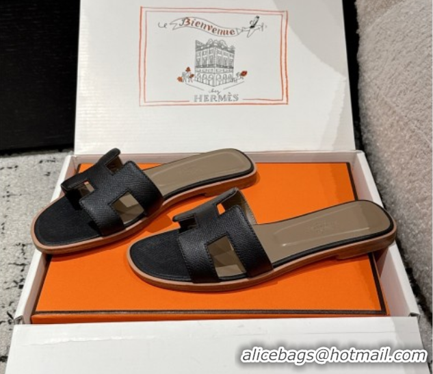 Charming Hermes Classic Oran Flat Slides Sandal in Palm-Grained Leather Black 0606156