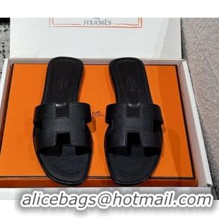 Unique Style Hermes Classic Oran Flat Slides Sandal in Palm-Grained Leather Black 0606158