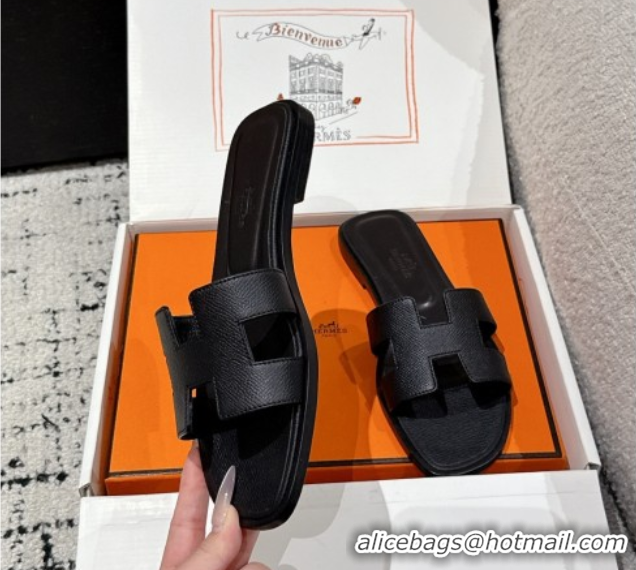 Unique Style Hermes Classic Oran Flat Slides Sandal in Palm-Grained Leather Black 0606158