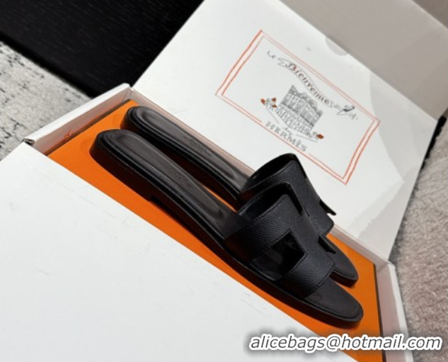 Unique Style Hermes Classic Oran Flat Slides Sandal in Palm-Grained Leather Black 0606158