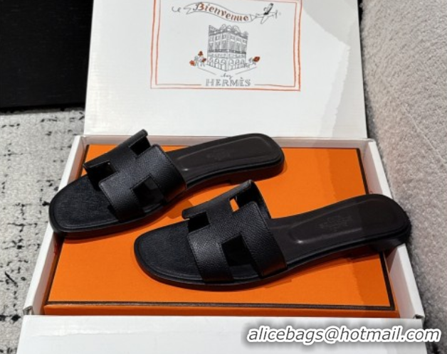 Unique Style Hermes Classic Oran Flat Slides Sandal in Palm-Grained Leather Black 0606158