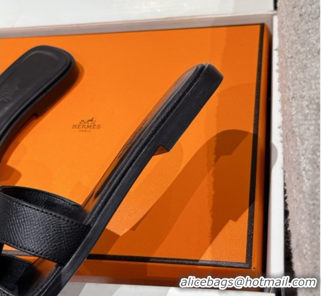 Unique Style Hermes Classic Oran Flat Slides Sandal in Palm-Grained Leather Black 0606158