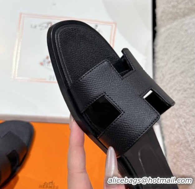 Unique Style Hermes Classic Oran Flat Slides Sandal in Palm-Grained Leather Black 0606158