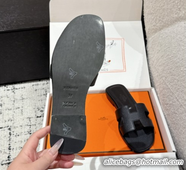 Unique Style Hermes Classic Oran Flat Slides Sandal in Palm-Grained Leather Black 0606158