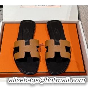 Good Product Hermes Classic Oran Flat Slides Sandal in Palm-Grained Leather Brown 0606160