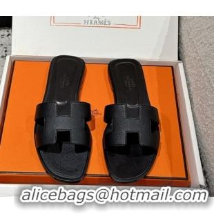 Duplicate Hermes Classic Oran Flat Slides Sandal in Palm-Grained Leather Black 0606145