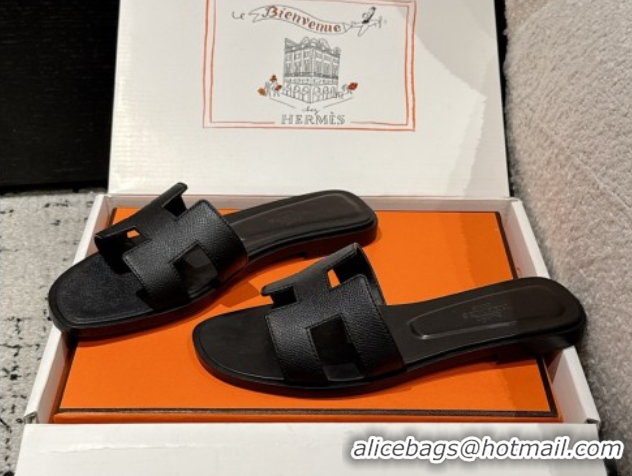 Duplicate Hermes Classic Oran Flat Slides Sandal in Palm-Grained Leather Black 0606145