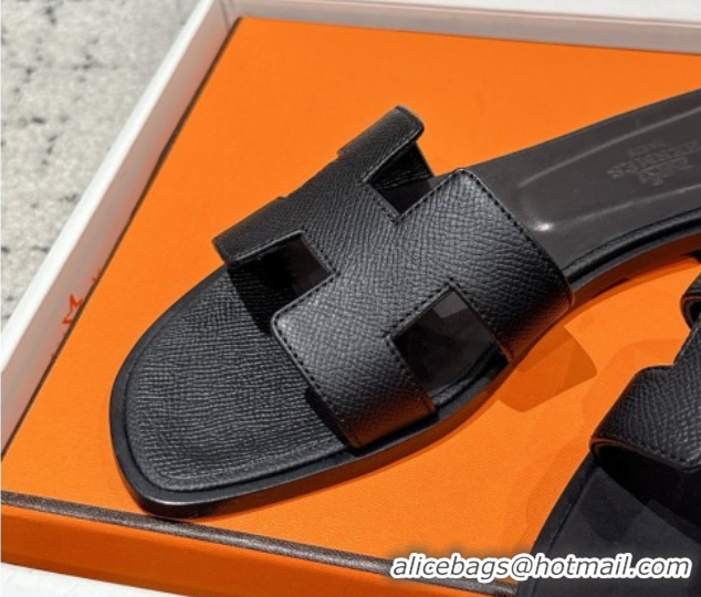 Duplicate Hermes Classic Oran Flat Slides Sandal in Palm-Grained Leather Black 0606145