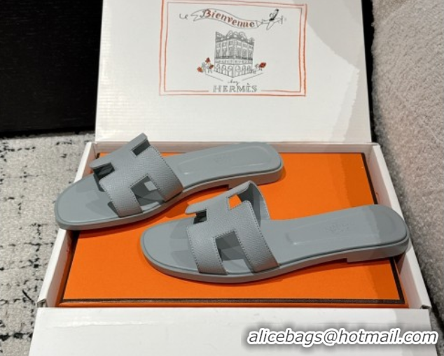 Sumptuous Hermes Classic Oran Flat Slides Sandal in Palm-Grained Leather Grey 0606147
