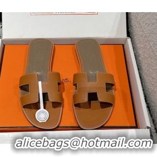Grade Hermes Classic Oran Flat Slides Sandal in Palm-Grained Leather Brown 0606149
