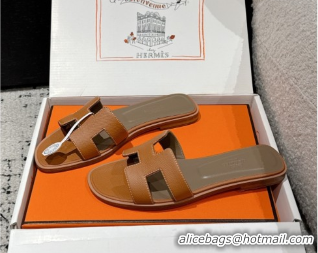 Grade Hermes Classic Oran Flat Slides Sandal in Palm-Grained Leather Brown 0606149