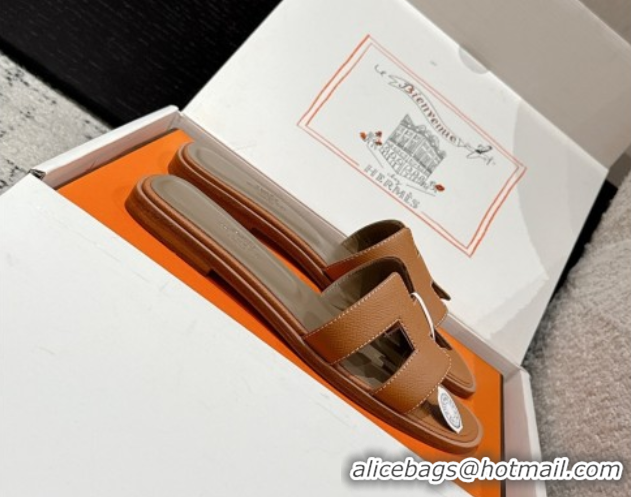 Grade Hermes Classic Oran Flat Slides Sandal in Palm-Grained Leather Brown 0606149