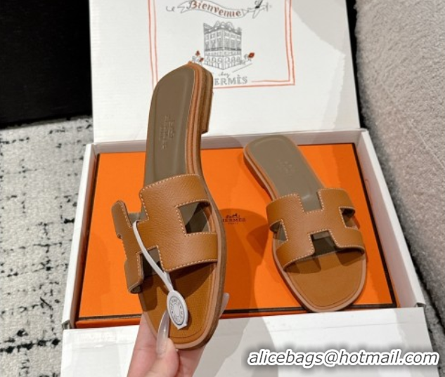 Grade Hermes Classic Oran Flat Slides Sandal in Palm-Grained Leather Brown 0606149