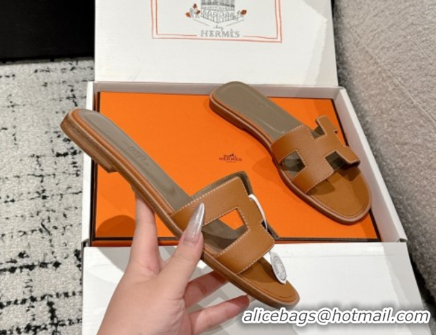 Grade Hermes Classic Oran Flat Slides Sandal in Palm-Grained Leather Brown 0606149