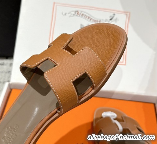 Grade Hermes Classic Oran Flat Slides Sandal in Palm-Grained Leather Brown 0606149