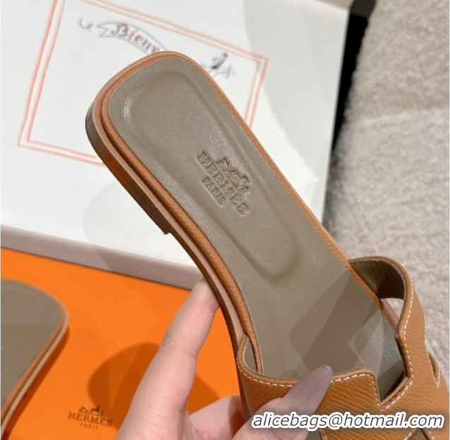 Grade Hermes Classic Oran Flat Slides Sandal in Palm-Grained Leather Brown 0606149