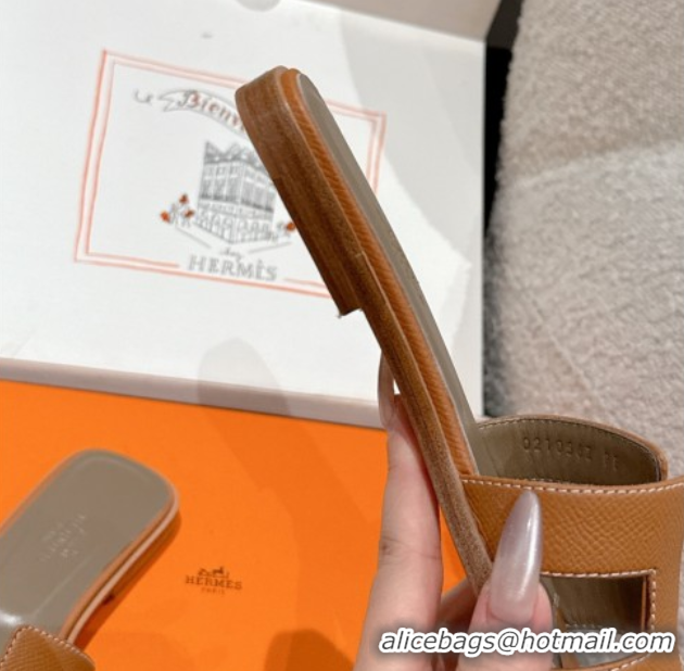 Grade Hermes Classic Oran Flat Slides Sandal in Palm-Grained Leather Brown 0606149