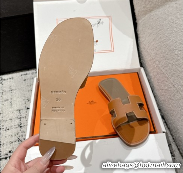 Grade Hermes Classic Oran Flat Slides Sandal in Palm-Grained Leather Brown 0606149