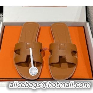 Stylish Hermes Classic Oran Flat Slides Sandal in Palm-Grained Leather Brown 0606151