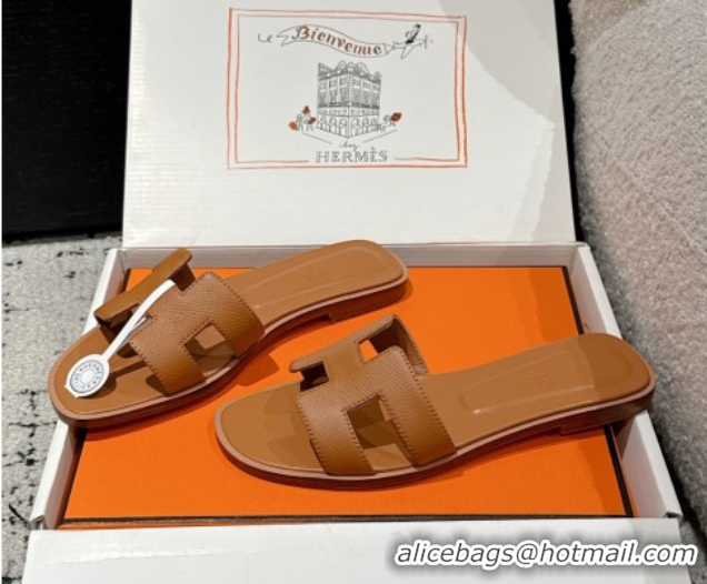 Stylish Hermes Classic Oran Flat Slides Sandal in Palm-Grained Leather Brown 0606151