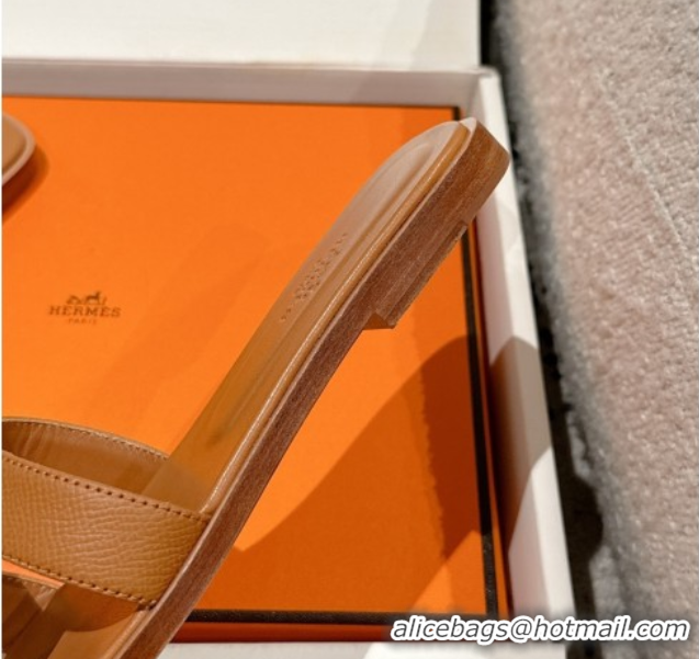 Stylish Hermes Classic Oran Flat Slides Sandal in Palm-Grained Leather Brown 0606151