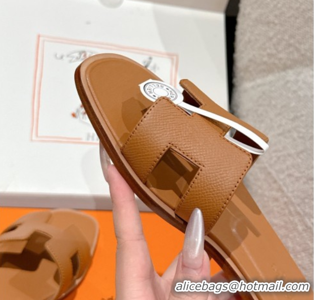 Stylish Hermes Classic Oran Flat Slides Sandal in Palm-Grained Leather Brown 0606151