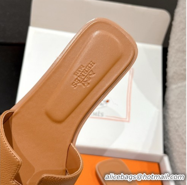 Stylish Hermes Classic Oran Flat Slides Sandal in Palm-Grained Leather Brown 0606151