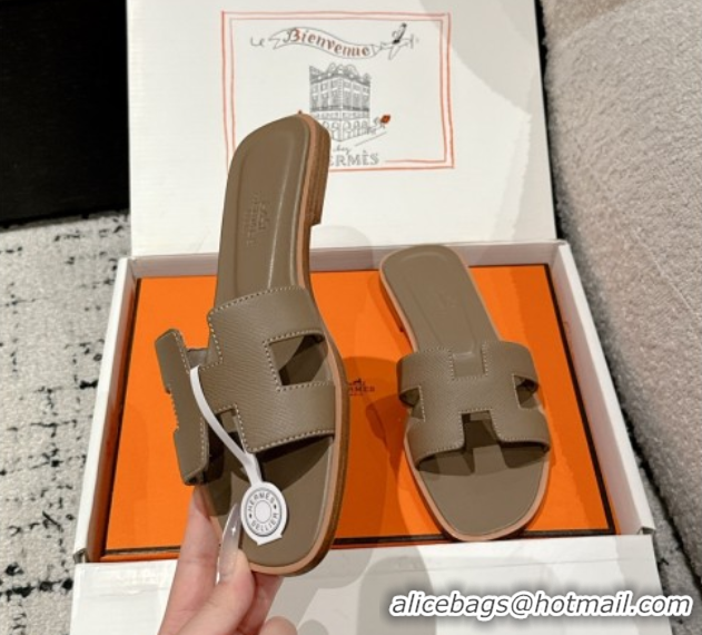 Popular Style Hermes Classic Oran Flat Slides Sandal in Palm-Grained Leather Grey 0606153