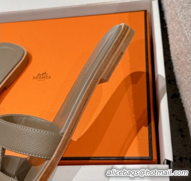 Popular Style Hermes Classic Oran Flat Slides Sandal in Palm-Grained Leather Grey 0606153