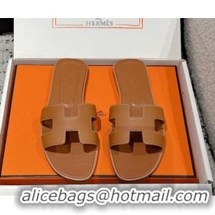 Trendy Design Hermes Classic Oran Flat Slides Sandal in Palm-Grained Leather Brown 0606155