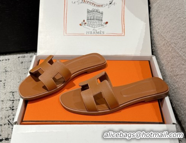 Trendy Design Hermes Classic Oran Flat Slides Sandal in Palm-Grained Leather Brown 0606155