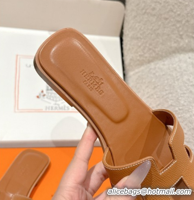 Trendy Design Hermes Classic Oran Flat Slides Sandal in Palm-Grained Leather Brown 0606155