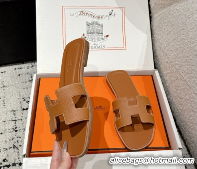 Trendy Design Hermes Classic Oran Flat Slides Sandal in Palm-Grained Leather Brown 0606155