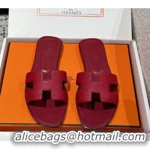 Good Quality Hermes Classic Oran Flat Slides Sandal in Palm-Grained Leather Dark Burgundy 0606159