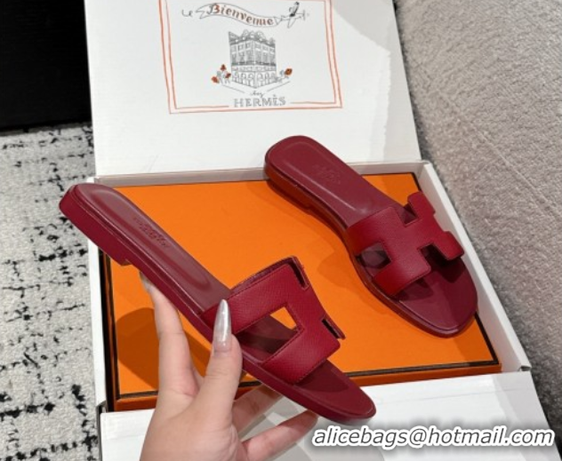 Good Quality Hermes Classic Oran Flat Slides Sandal in Palm-Grained Leather Dark Burgundy 0606159