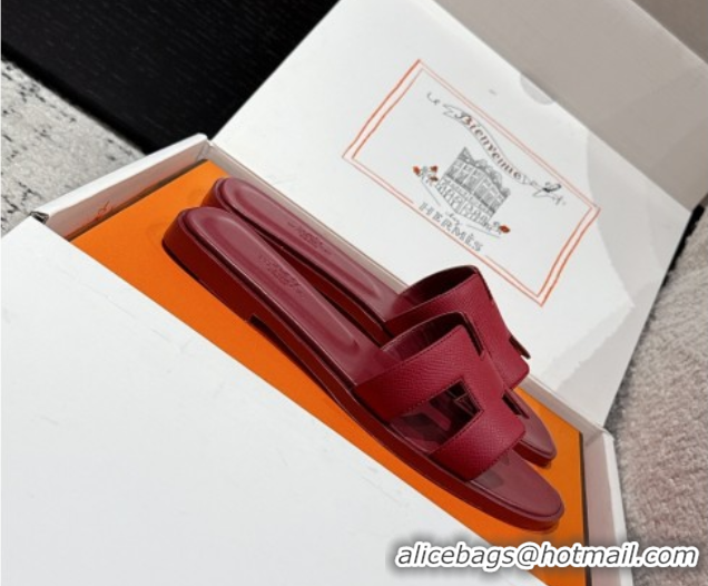 Good Quality Hermes Classic Oran Flat Slides Sandal in Palm-Grained Leather Dark Burgundy 0606159