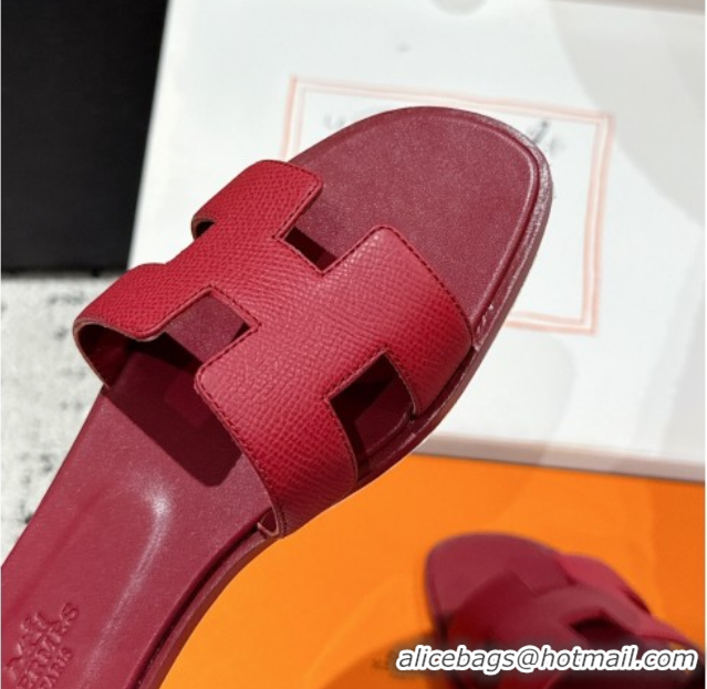 Good Quality Hermes Classic Oran Flat Slides Sandal in Palm-Grained Leather Dark Burgundy 0606159