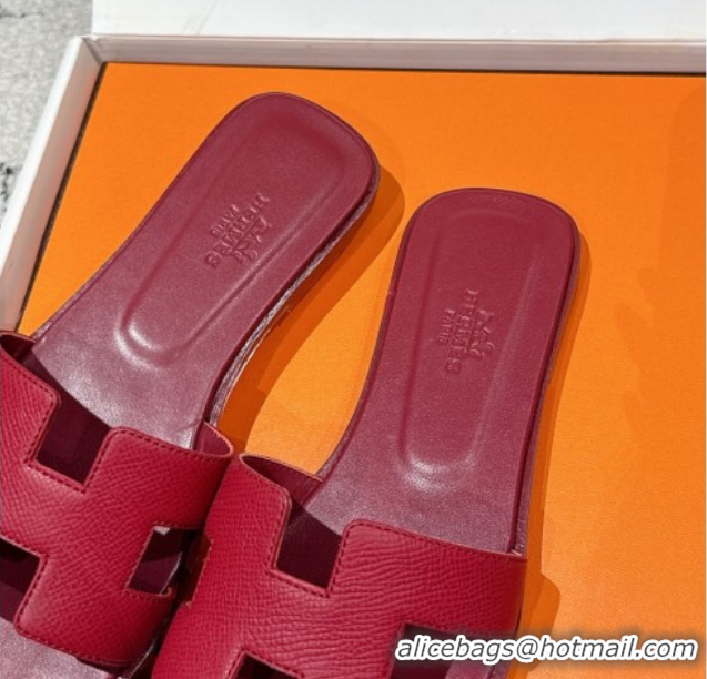 Good Quality Hermes Classic Oran Flat Slides Sandal in Palm-Grained Leather Dark Burgundy 0606159