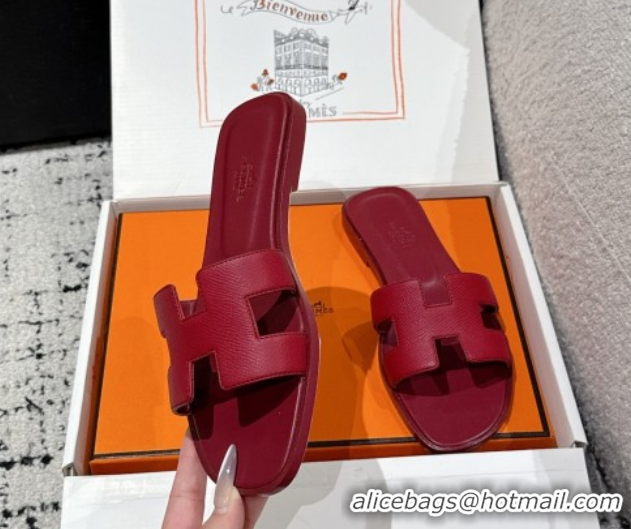 Good Quality Hermes Classic Oran Flat Slides Sandal in Palm-Grained Leather Dark Burgundy 0606159